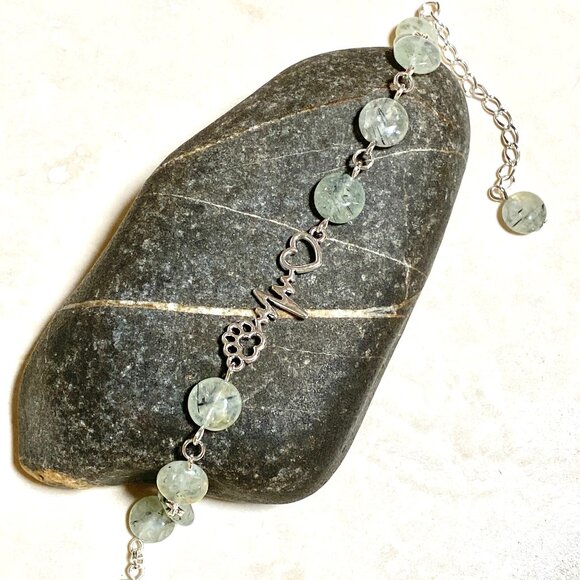 2/$20, Pale Green Prehnite Bracelet, Genuine Gemstone + Paw Print Heartbeat - Picture 6 of 11